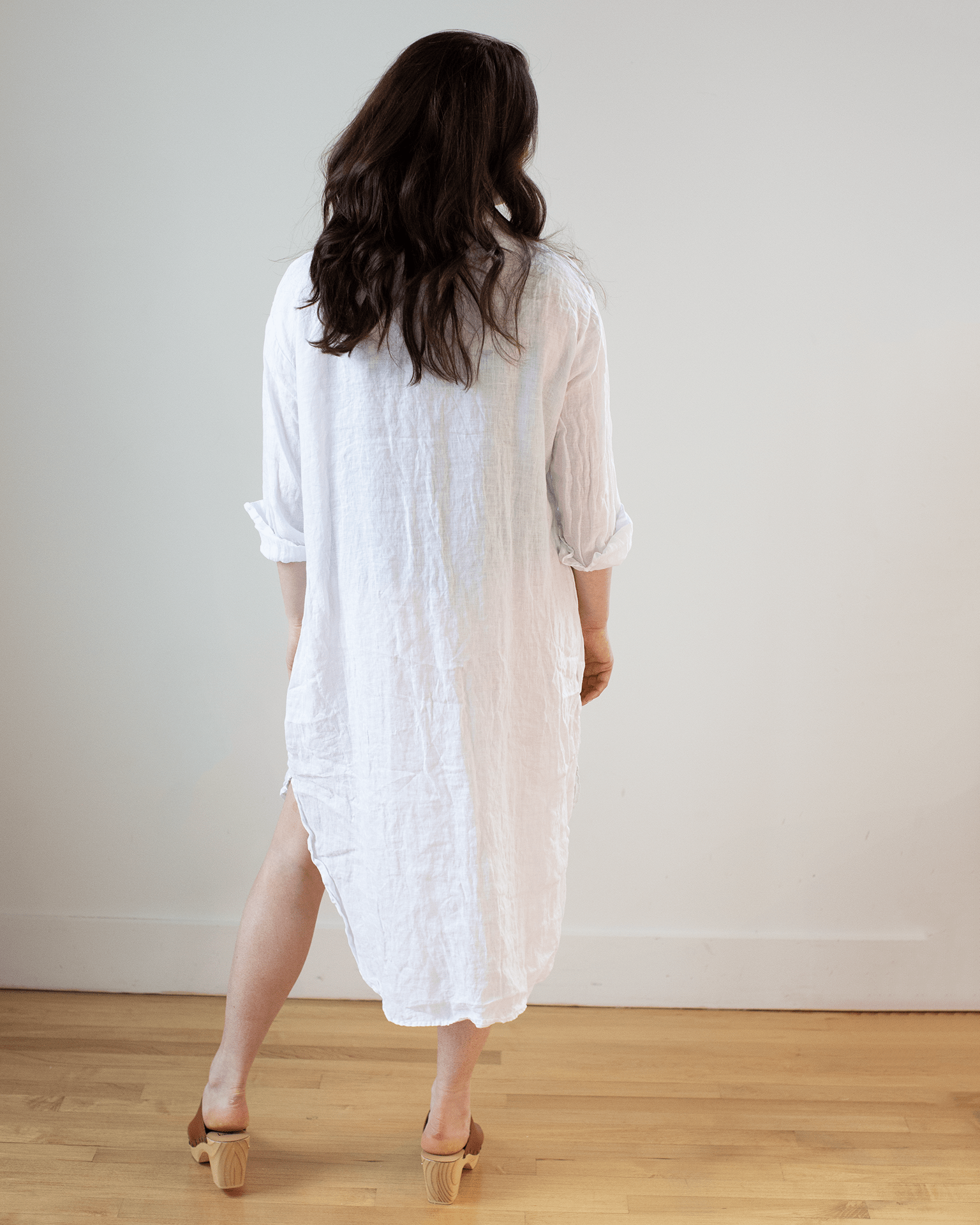 Kira Linen Rounded Shirttail Dress in White