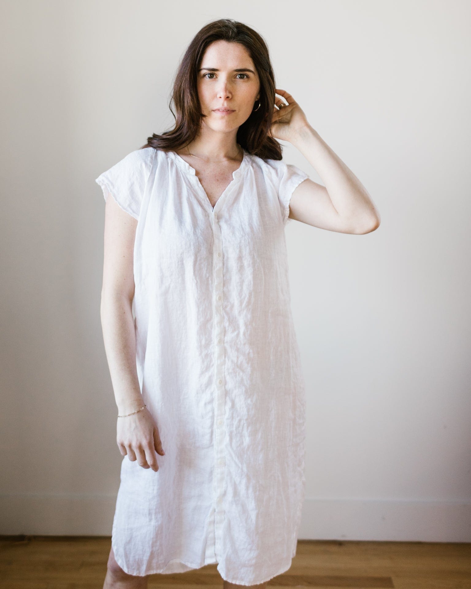 Lucy Dress w/o Pkts in White HW Linen Twill