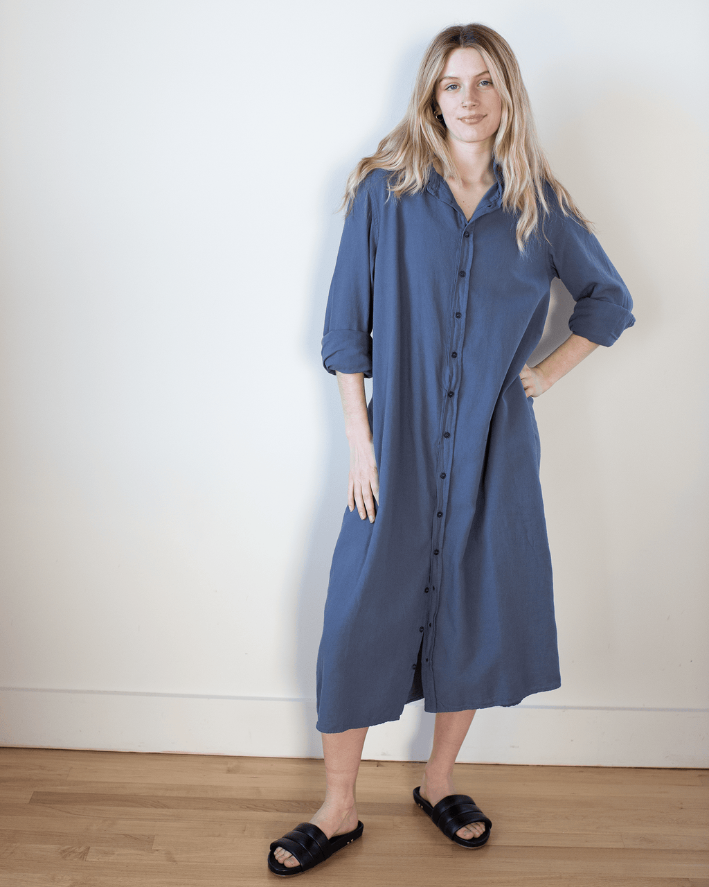 Maxi Shirtdress in Midnight Textured Cotton