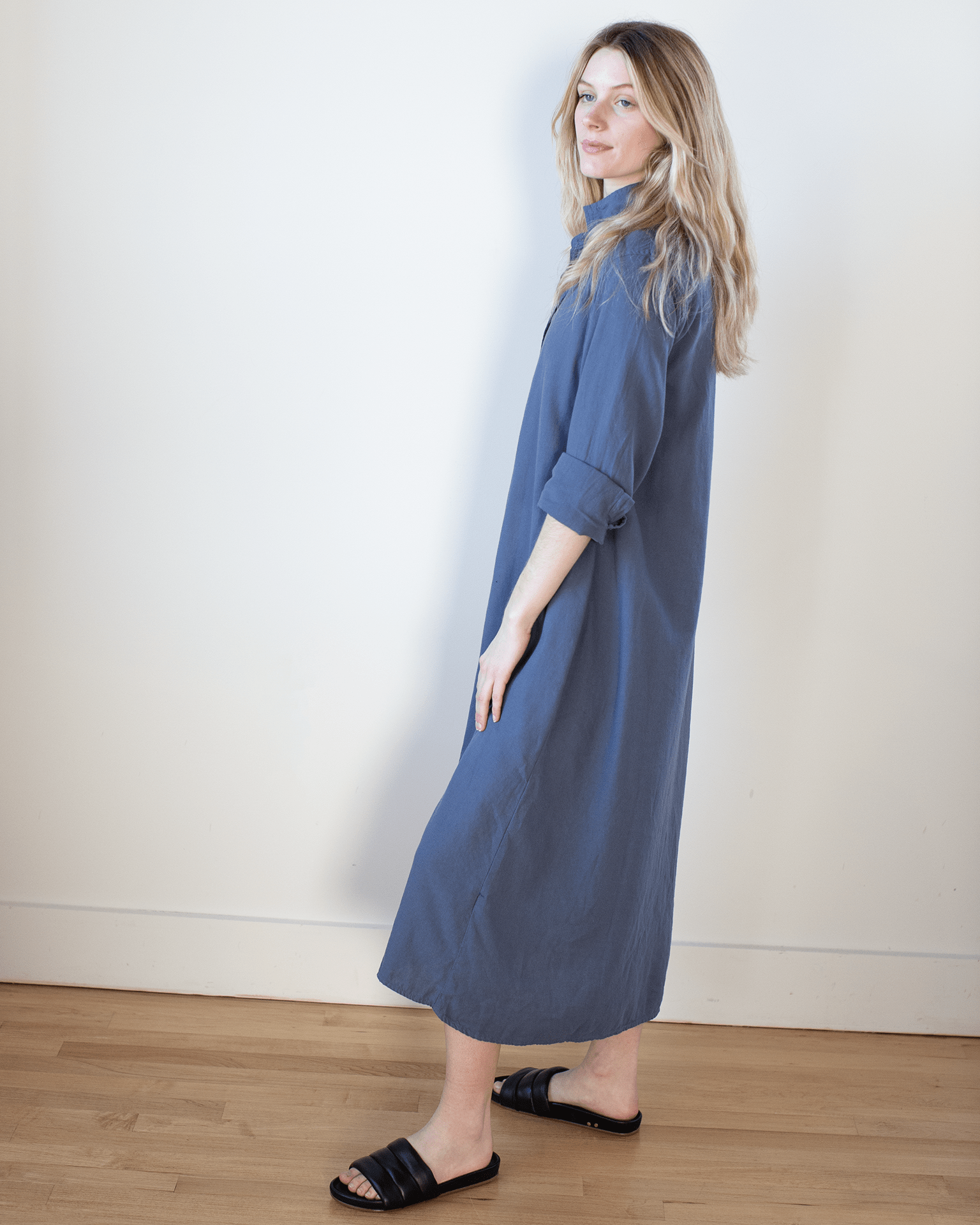 Maxi Shirtdress in Midnight Textured Cotton