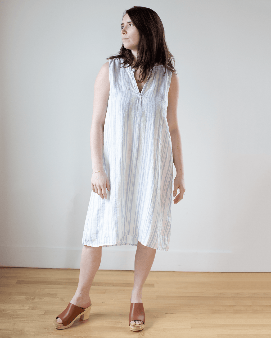 Sylvie Dress in White/Blue Triple Stripe Linen