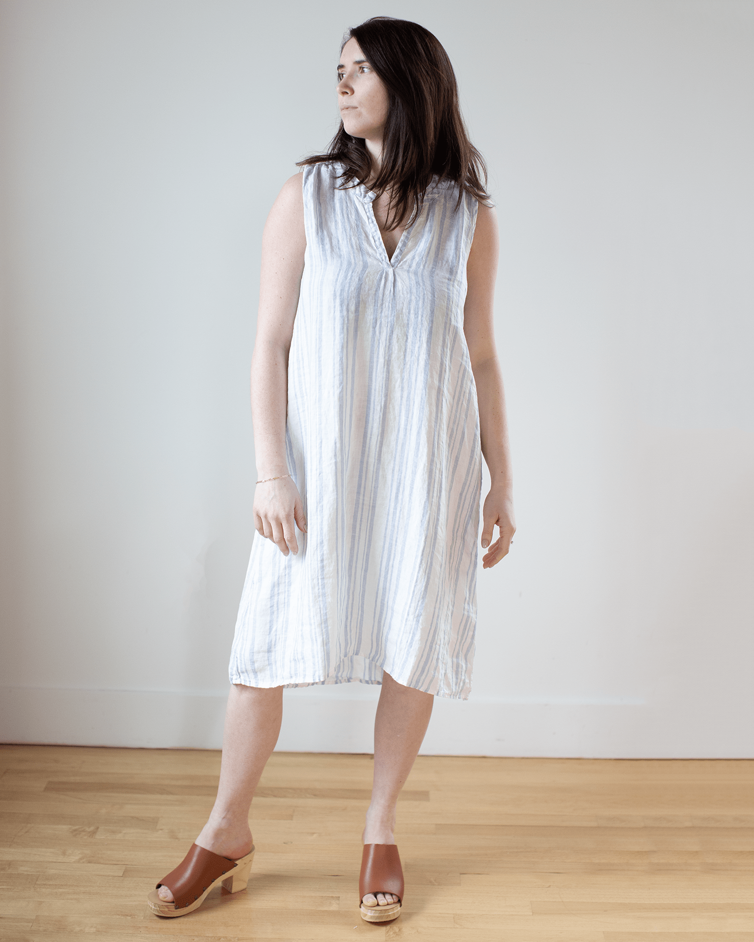 Sylvie Dress in White/Blue Triple Stripe Linen