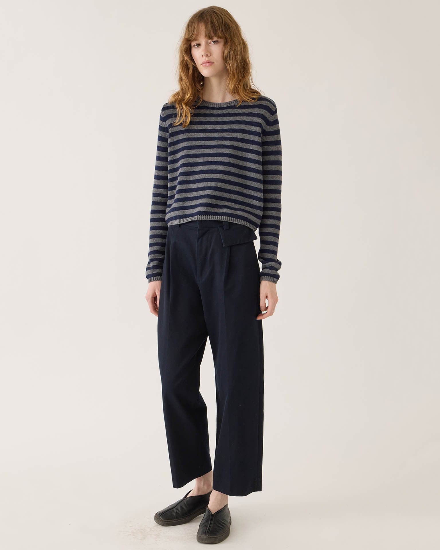 Melina Stripe Cotton Cashmere Sweater in Dark Heather Grey/Navy