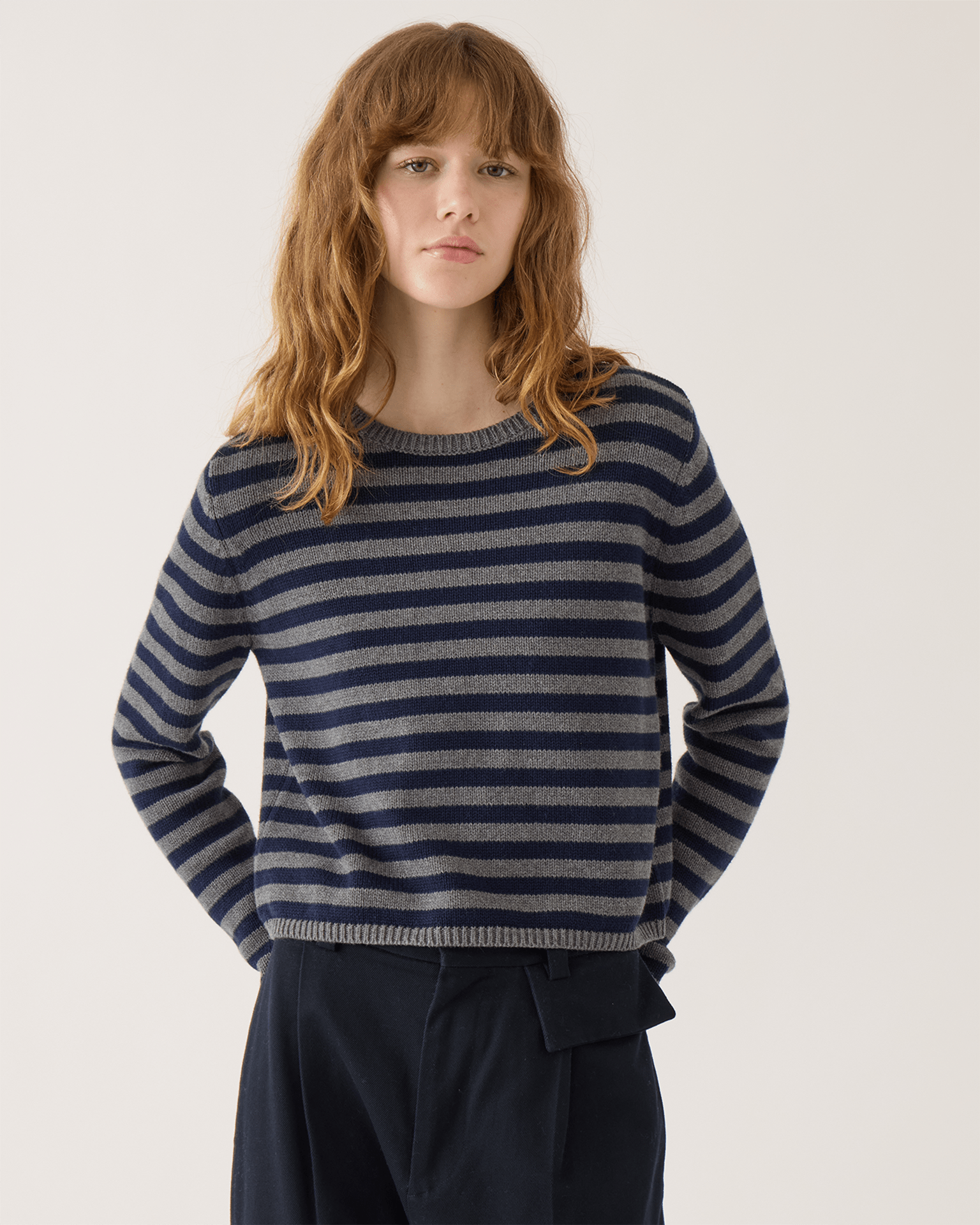 Melina Stripe Cotton Cashmere Sweater in Dark Heather Grey/Navy