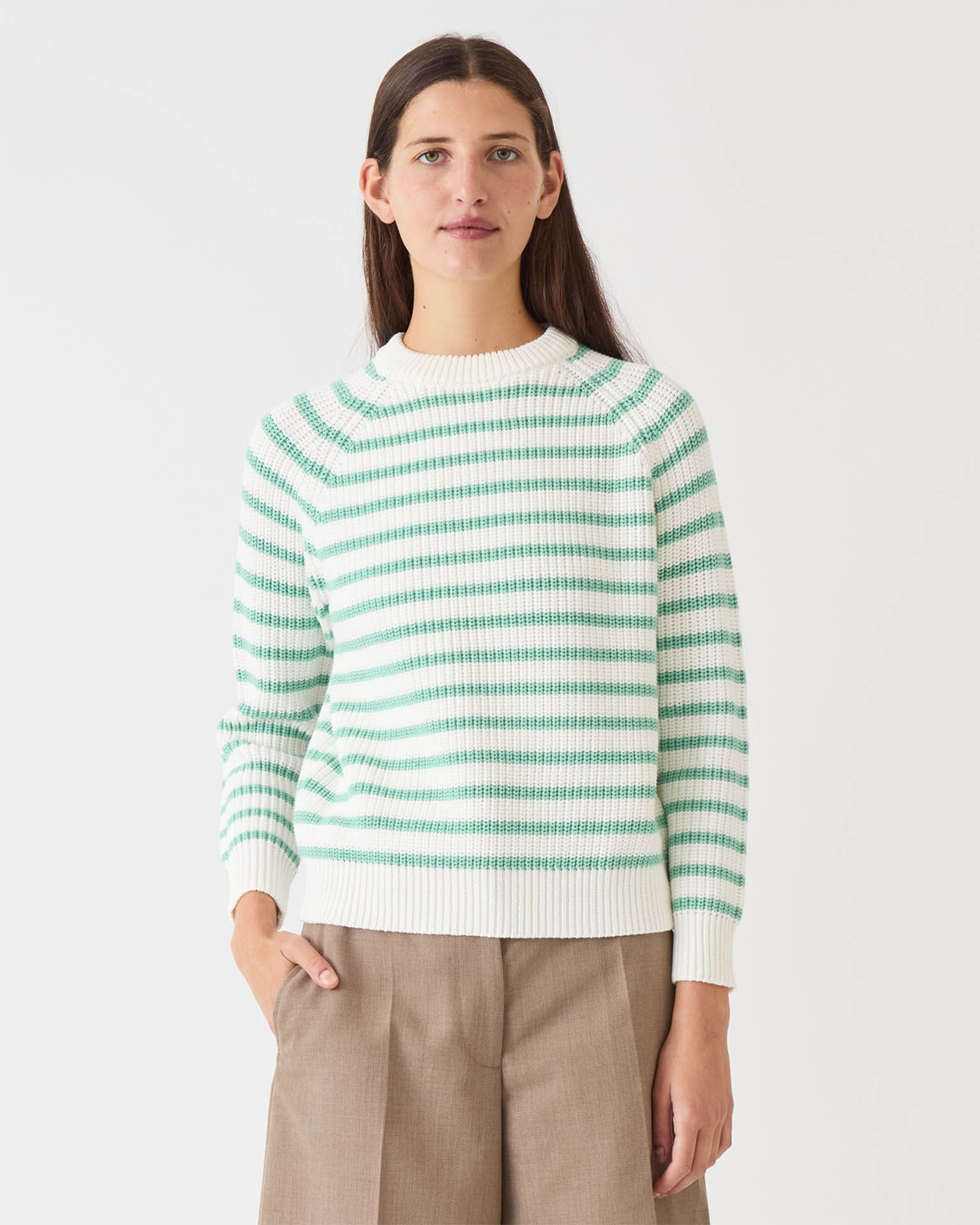 Phoebe Stripe Cotton Sweater in Off White/Spearmint