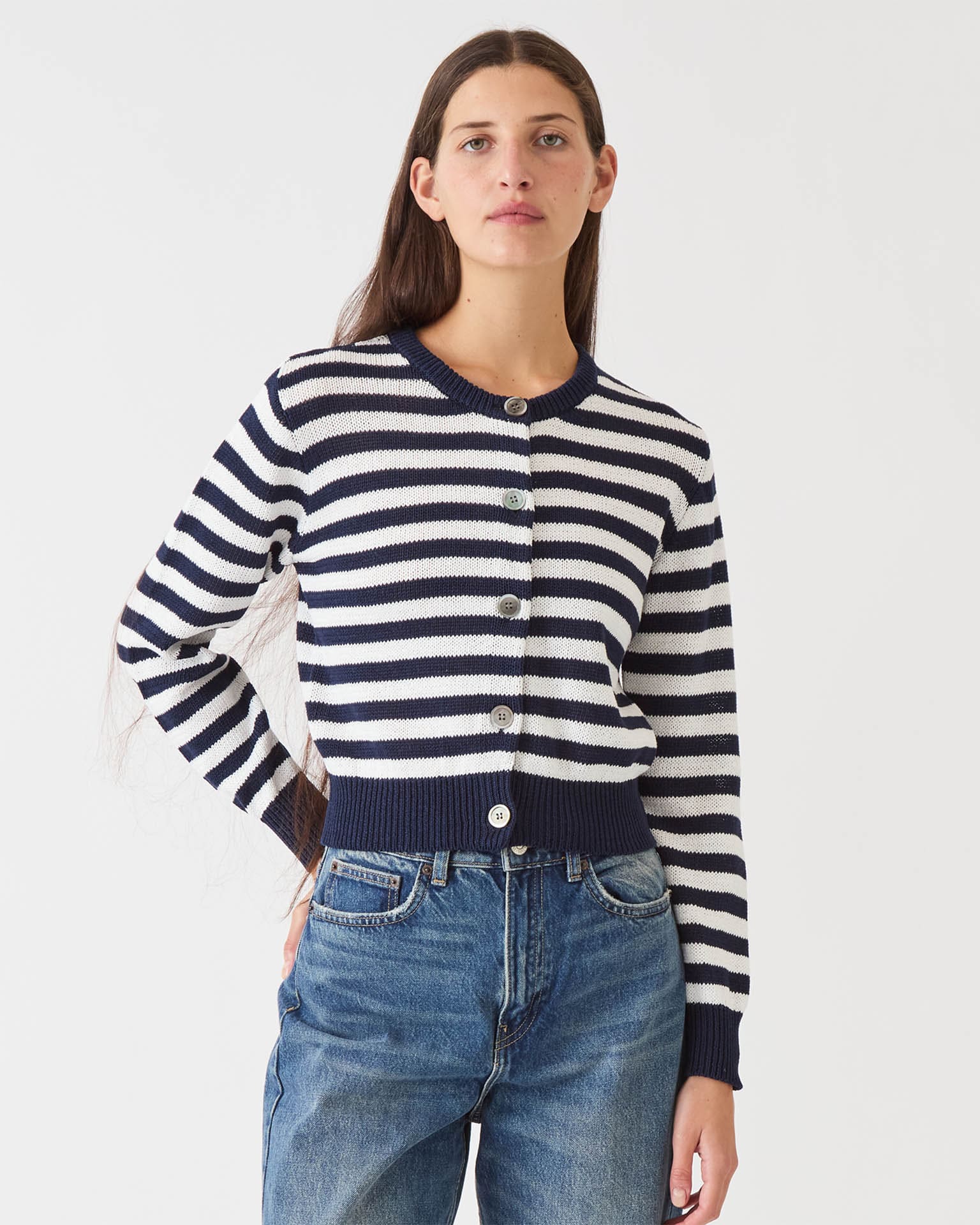 Savannah Stripe Cotton Cardigan in Navy/Off White