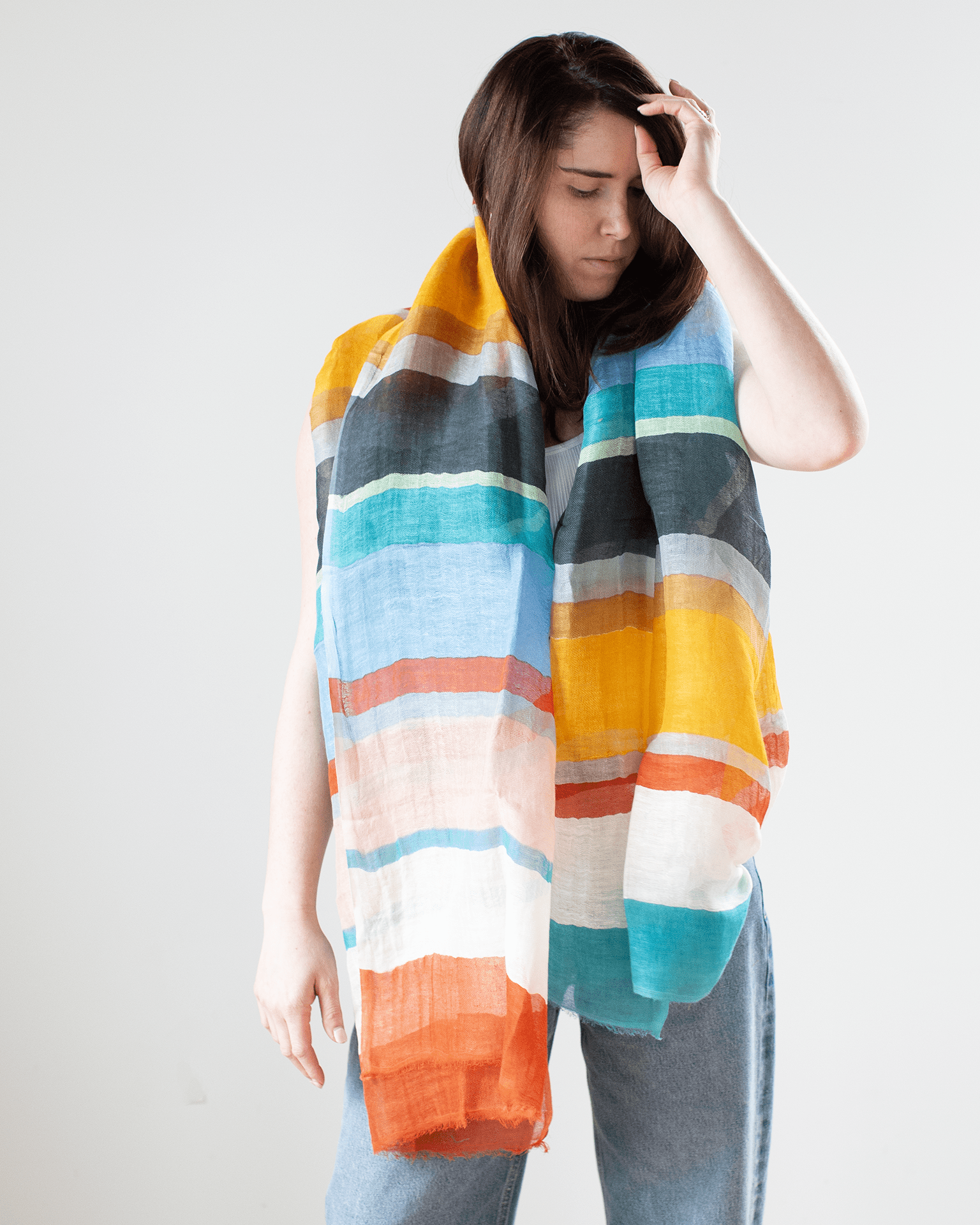 Linen/Cttn Bold Stripe Scarf in Spectra