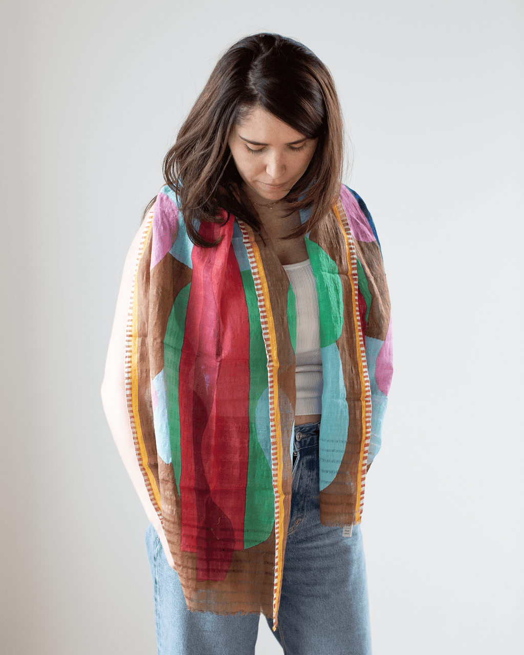 Linen/Cttn Lrg Squiggle Scarf in Pecan