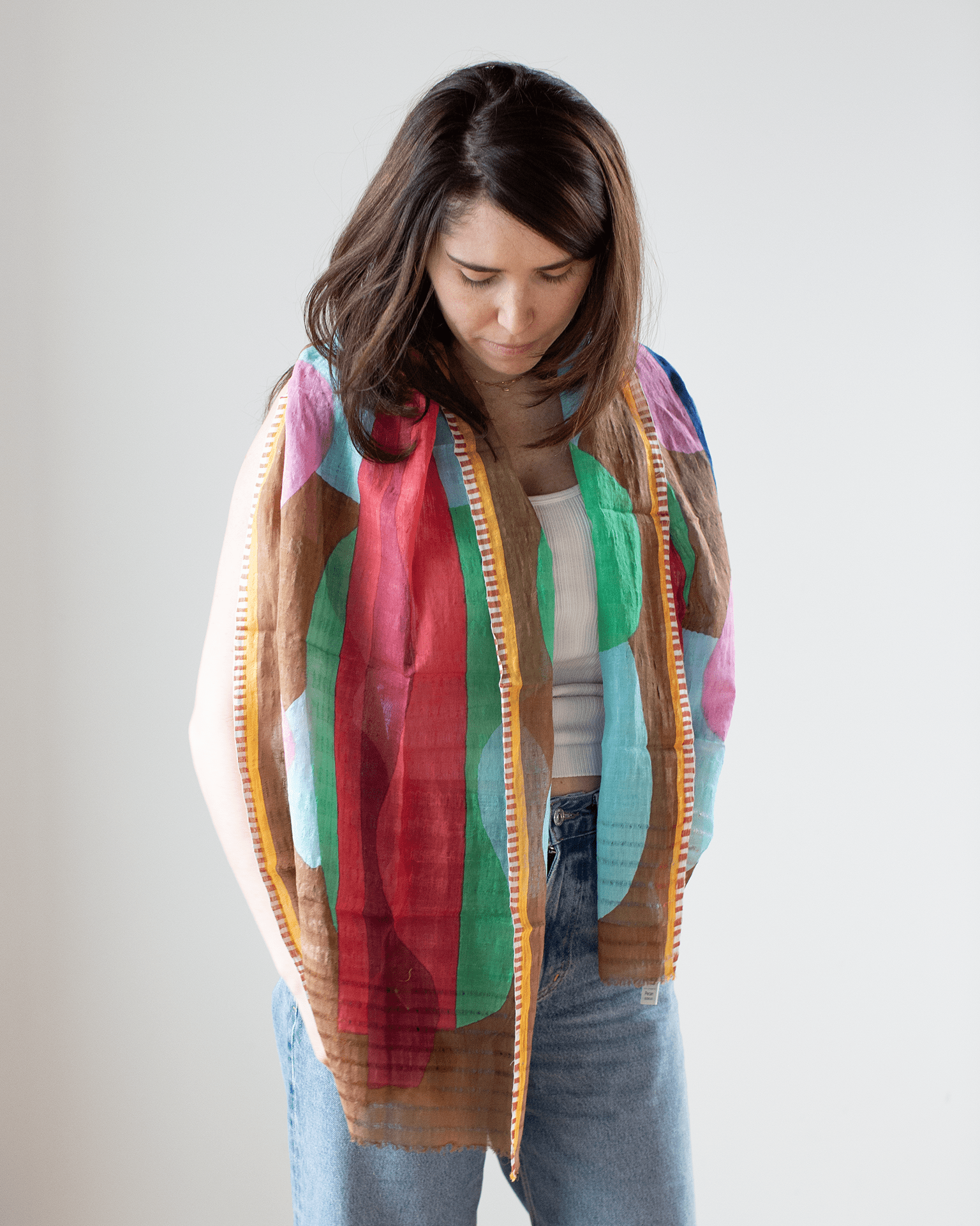 Linen/Cttn Lrg Squiggle Scarf in Pecan