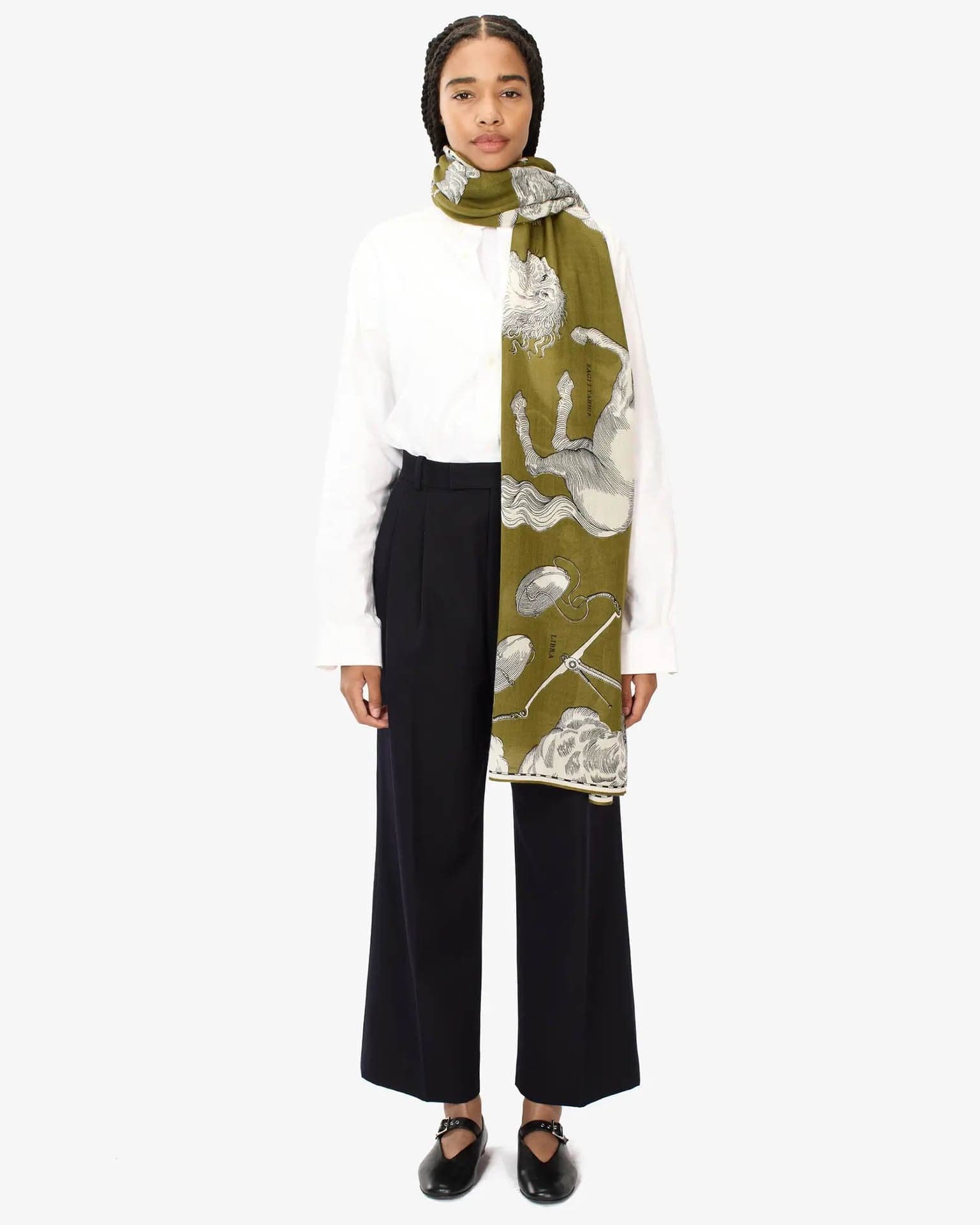 Scarf / Etole 100 Wool Astrologie in Khaki