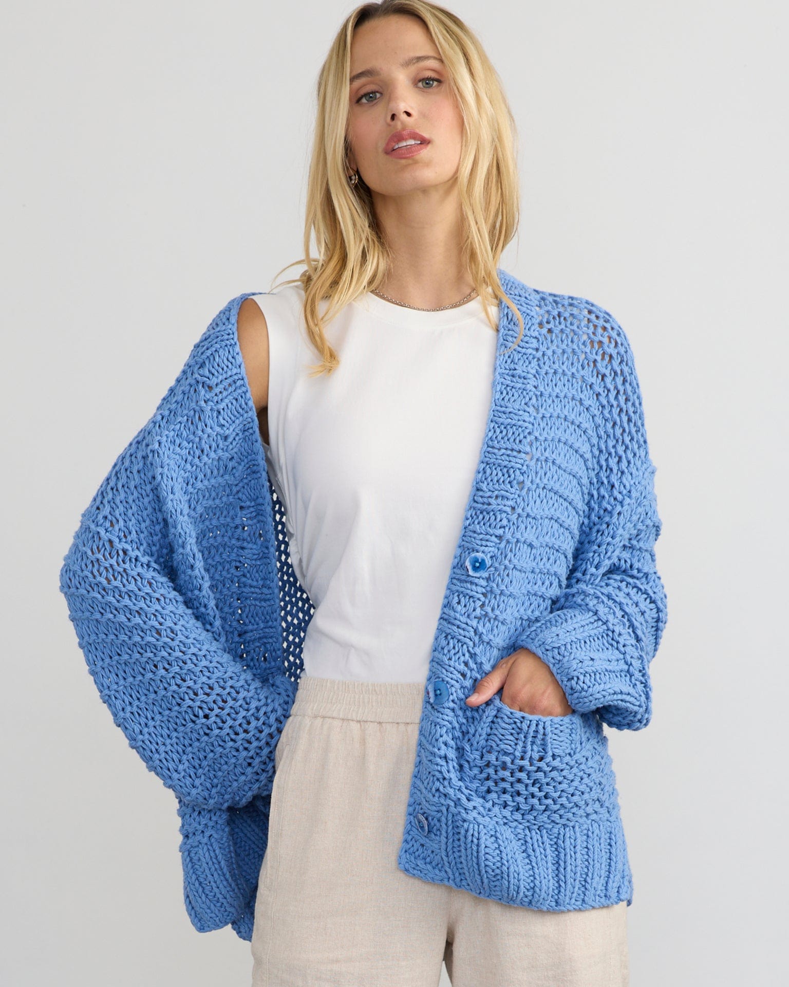 Camila Hand Knit Cardigan in Azure