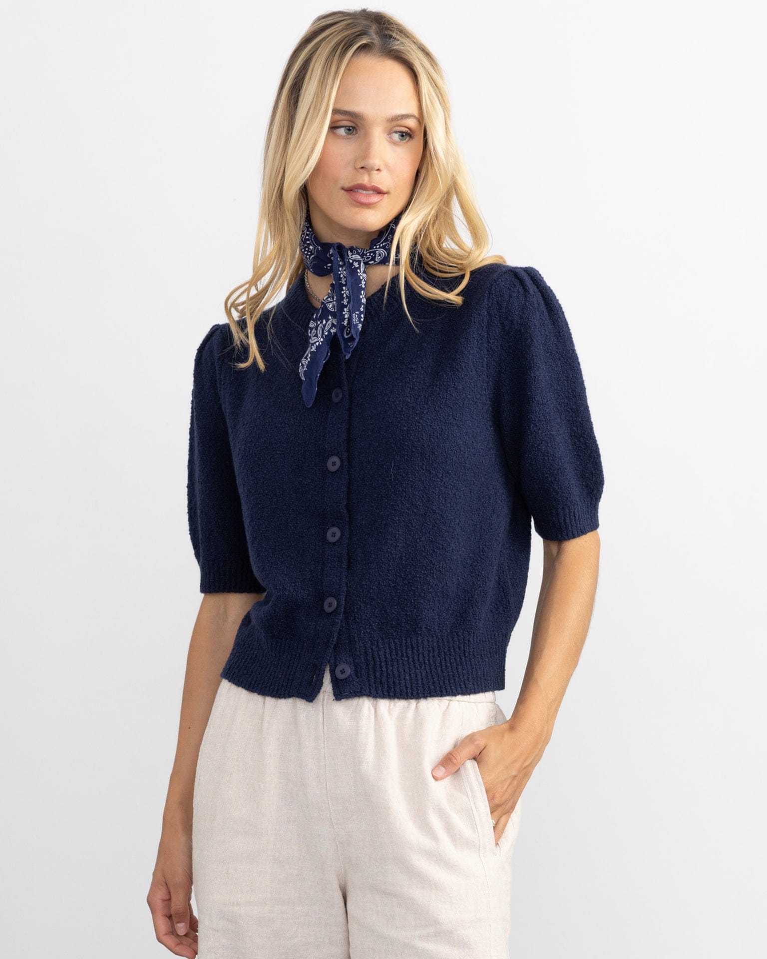 Pleat Sleeve Cardi in Navy