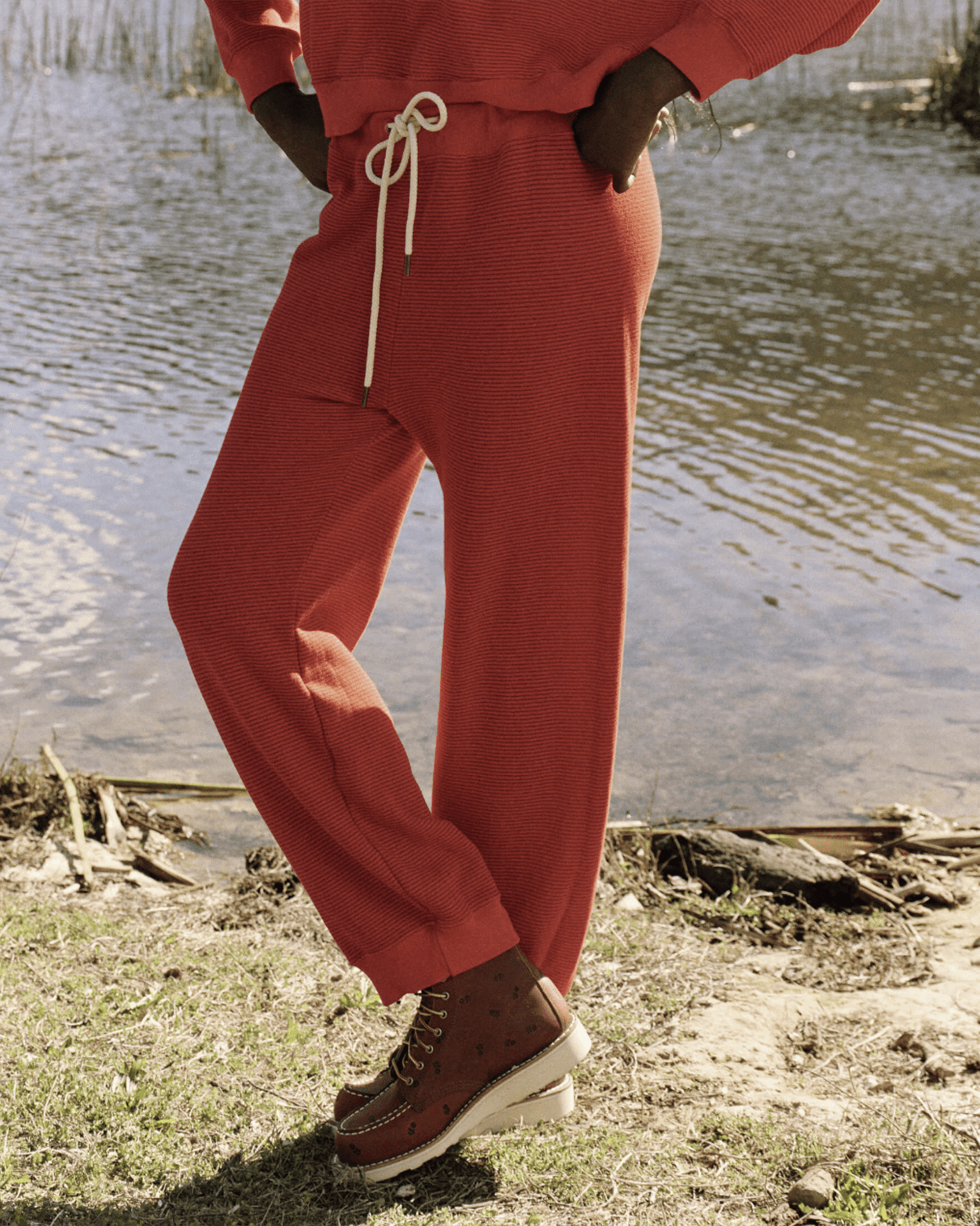 The Lantern Pant in Hot Red Overdyed Stripe