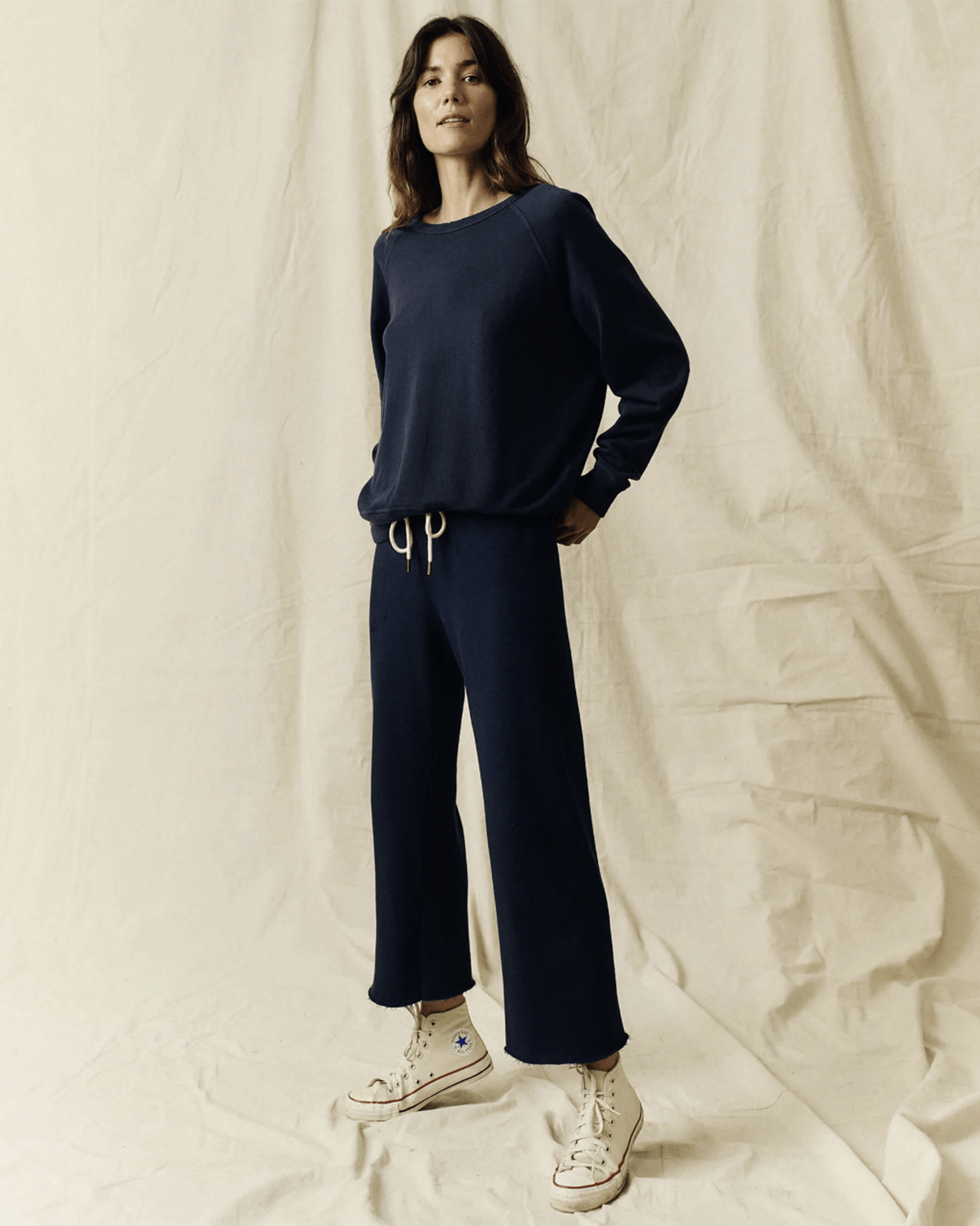 The Wide Leg Cropped Sweatpant in True Navy