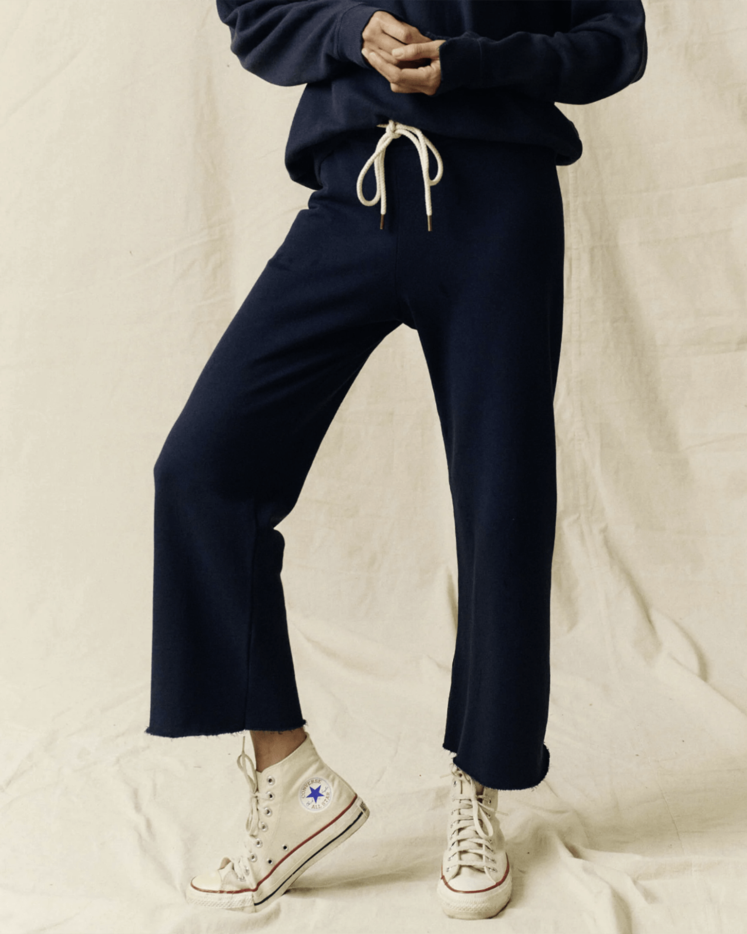 The Wide Leg Cropped Sweatpant in True Navy