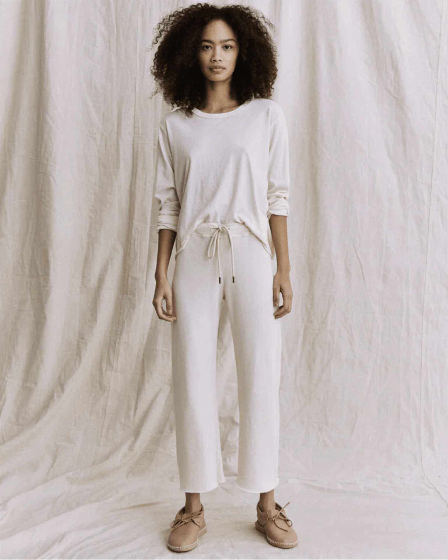 The Wide Leg Cropped Sweatpant in Washed White
