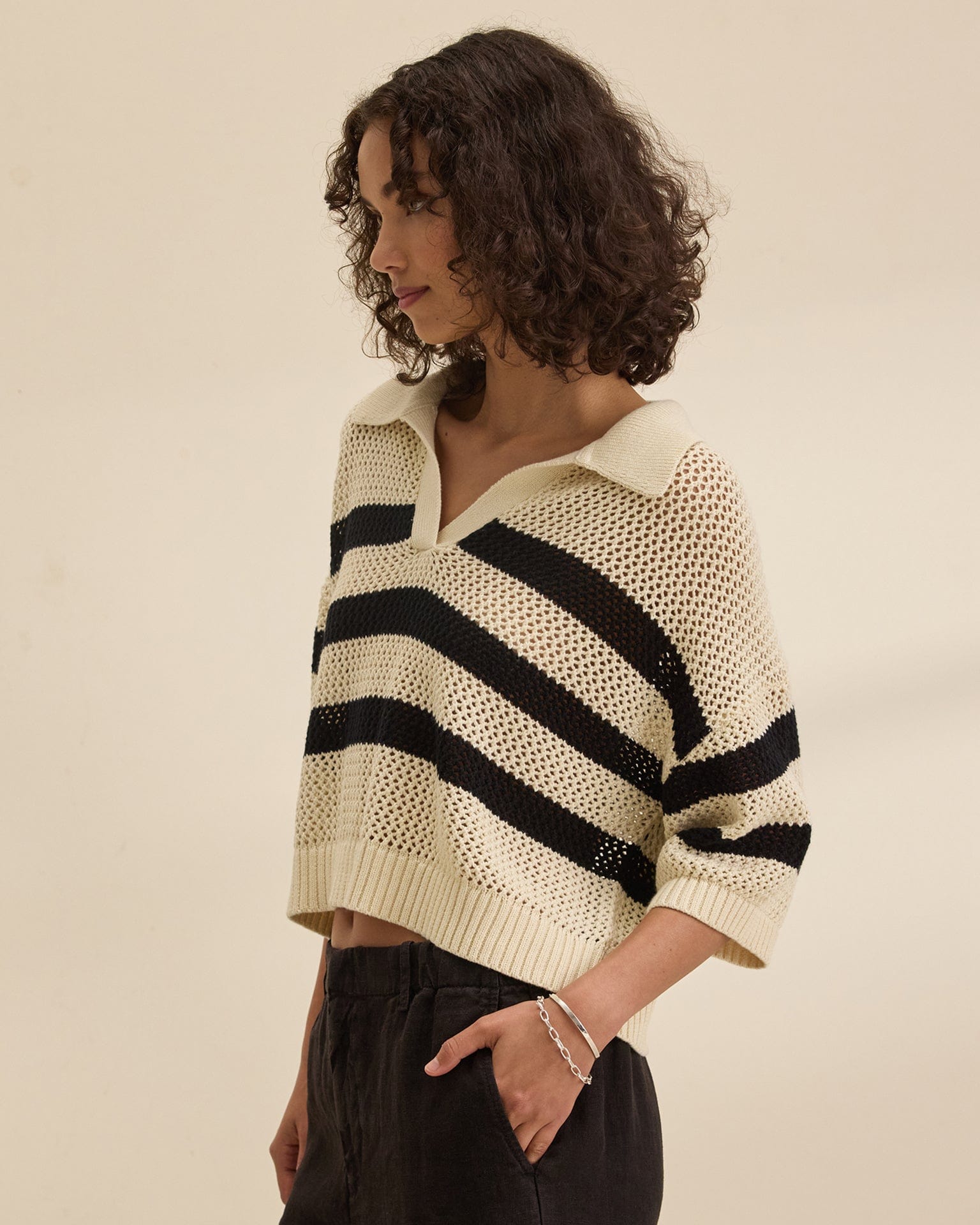 York S/S Polo Top in Cream/Black