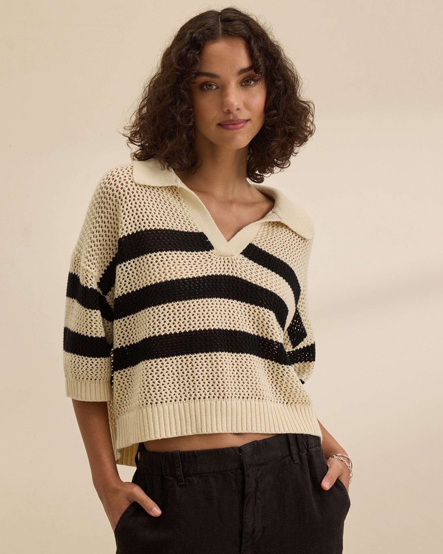 York S/S Polo Top in Cream/Black