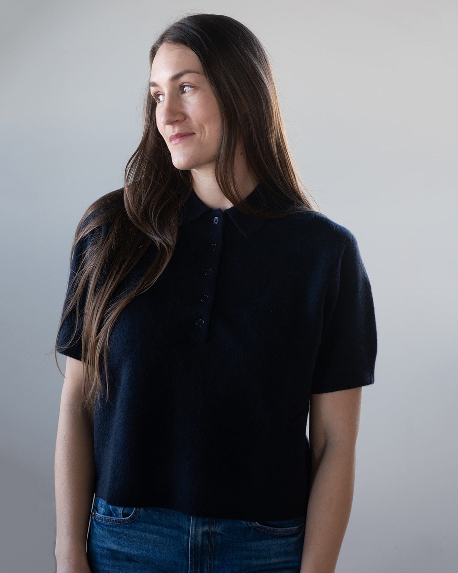 Cashmere Button Polo in Deep Navy