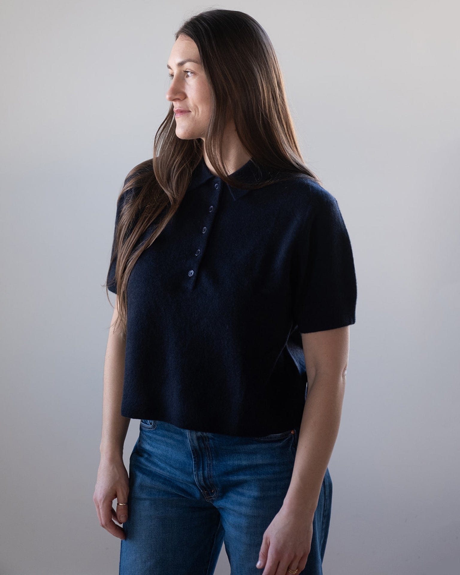 Cashmere Button Polo in Deep Navy