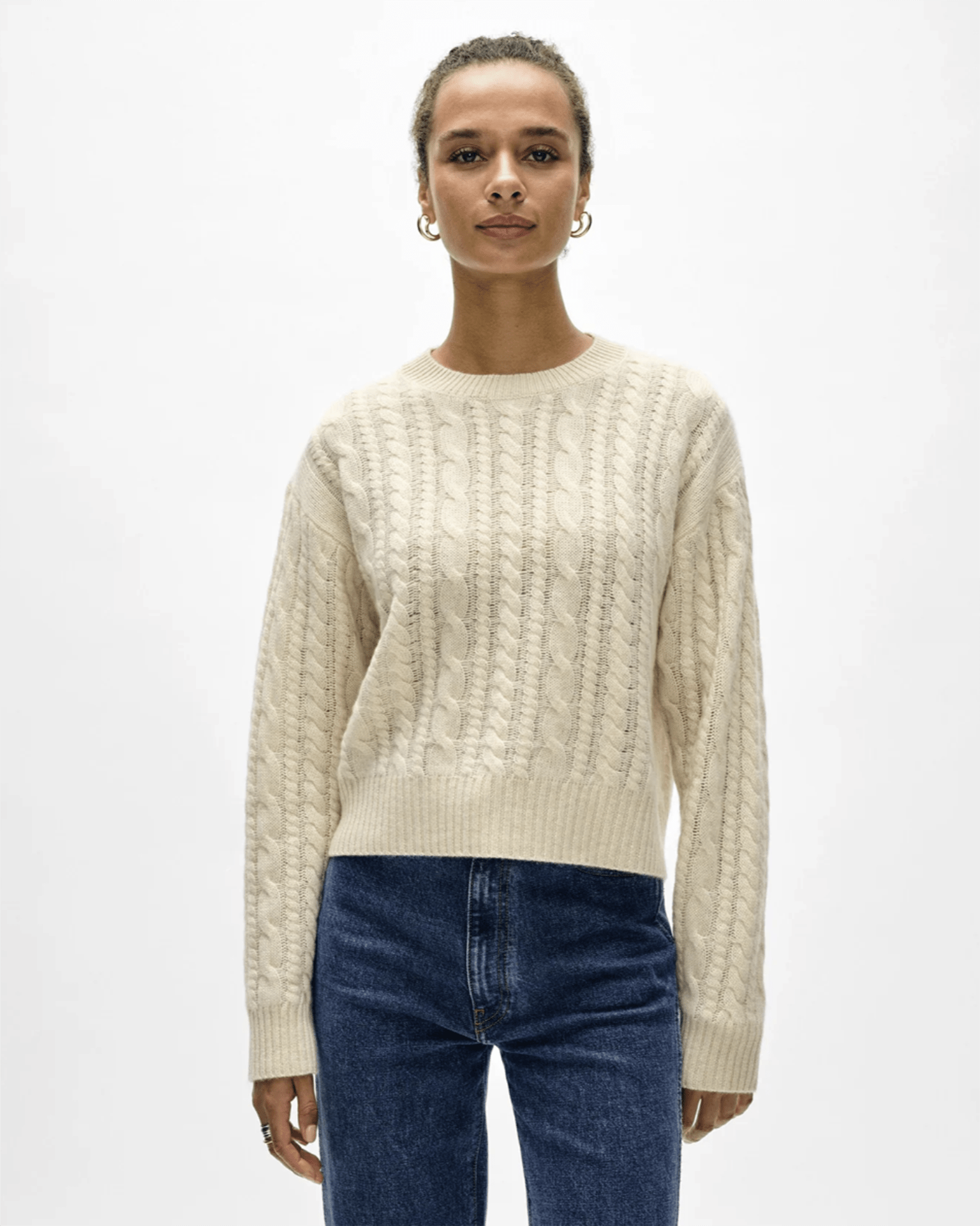 Cashmere Cropped Cable Crew in Natural Heather