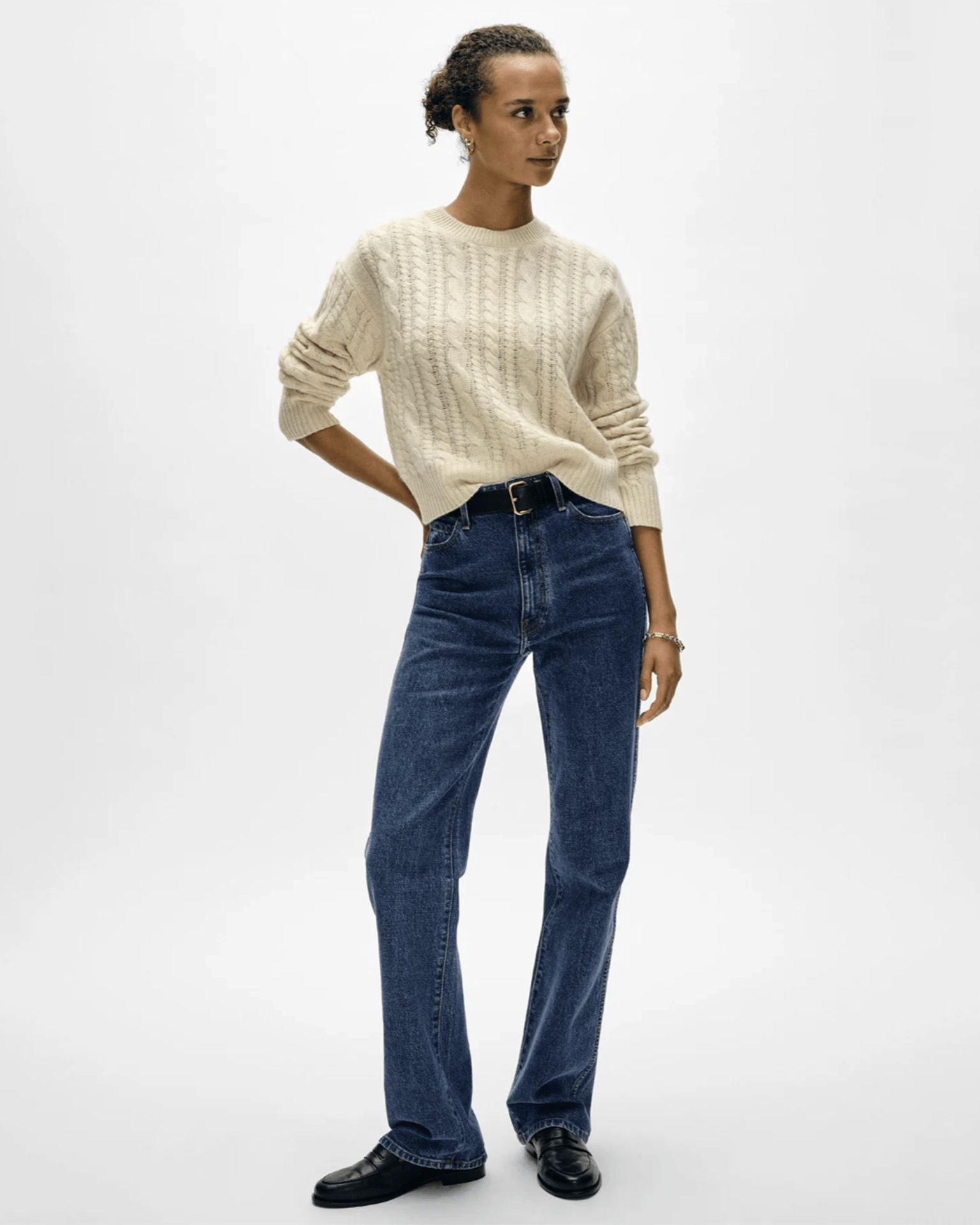 Cashmere Cropped Cable Crew in Natural Heather