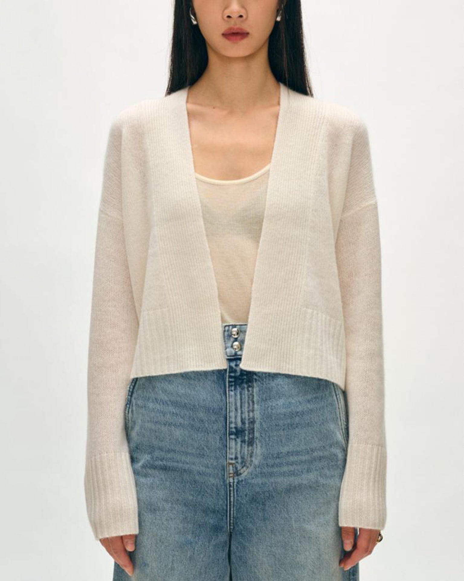 Cashmere Featherweight Open Cardigan in Soft White