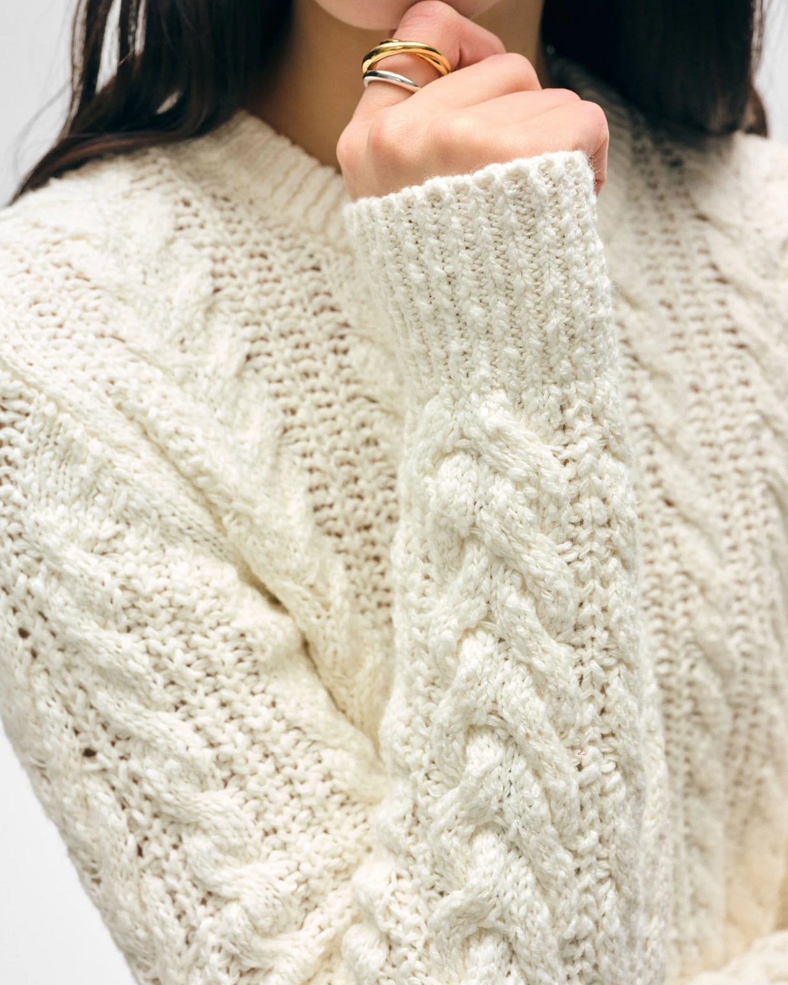 Cotton Slub Cable Crew in Ivory