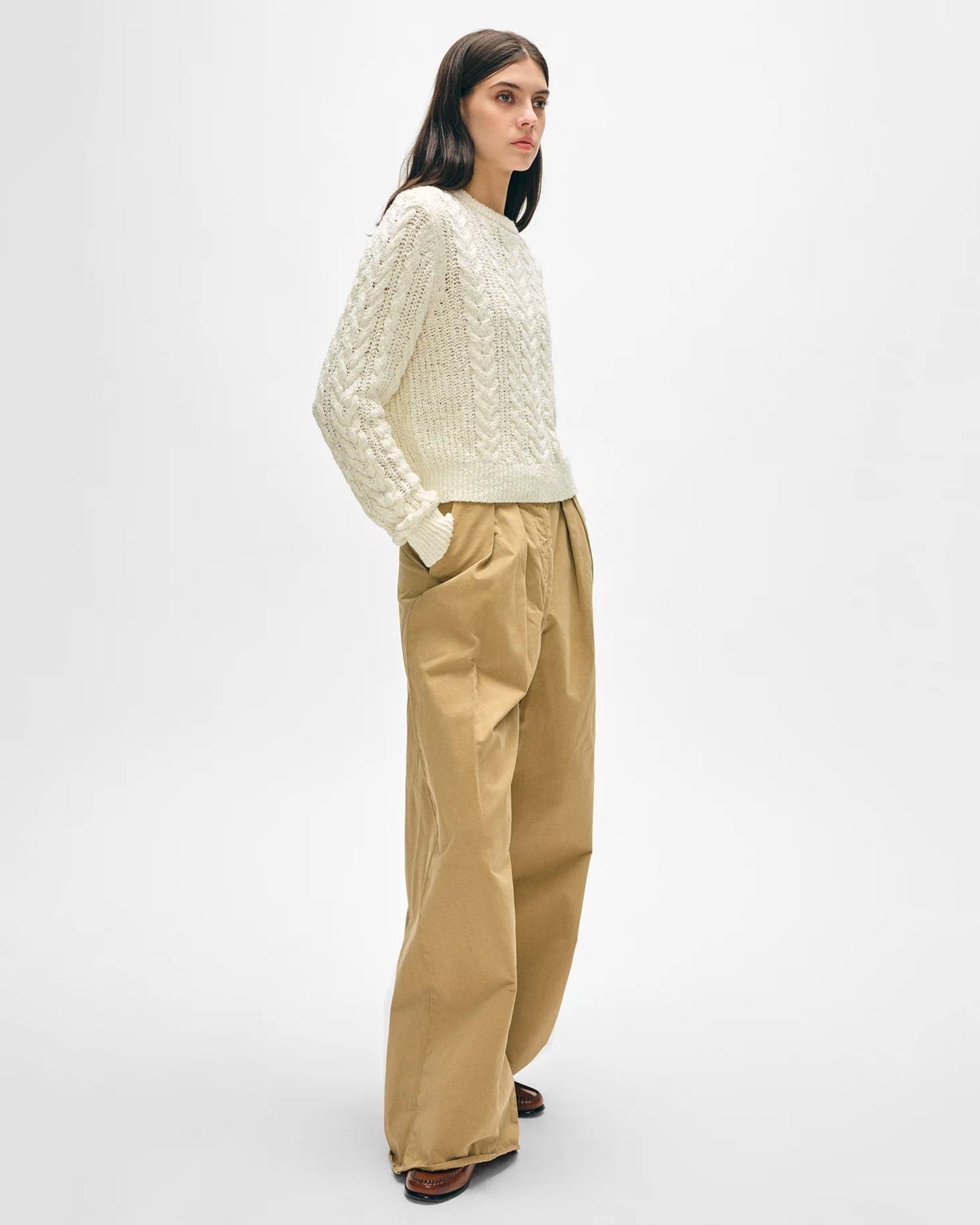 Cotton Slub Cable Crew in Ivory