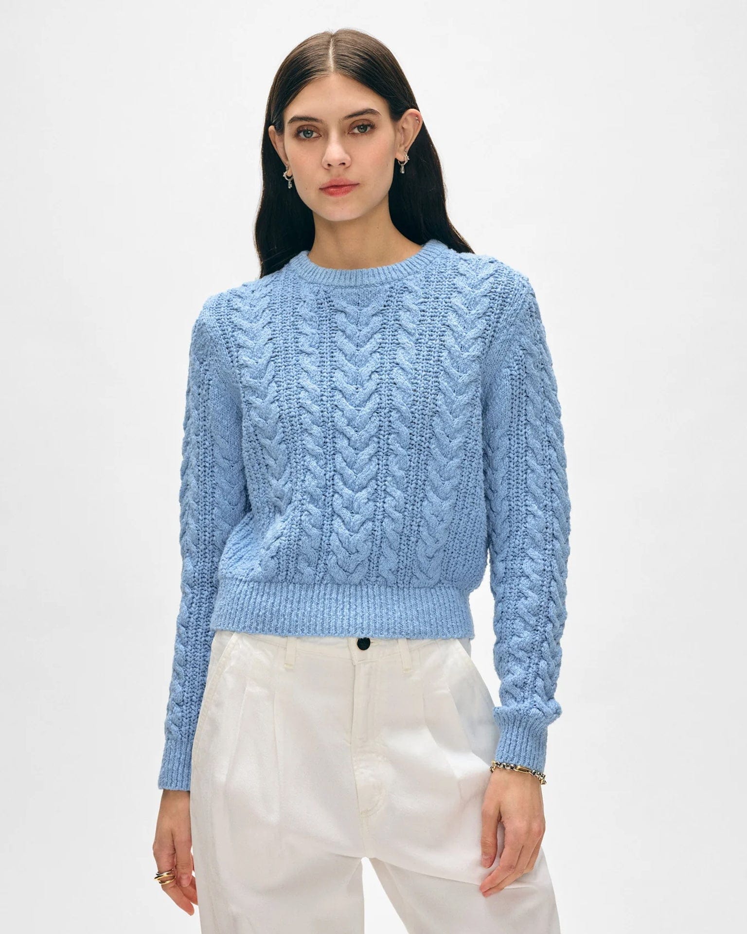 Cotton Slub Cable Crew in Soft Blue