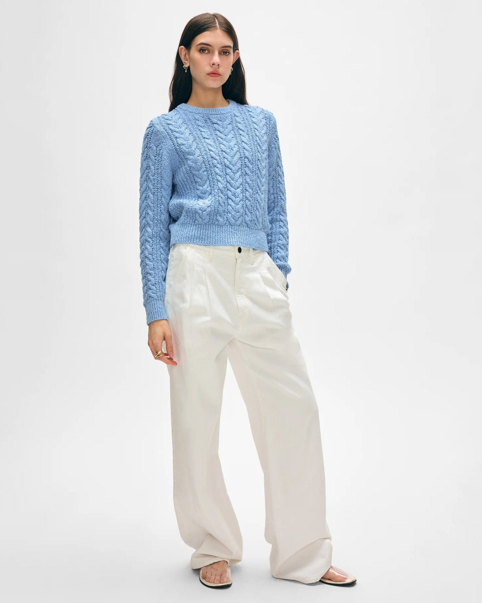 Cotton Slub Cable Crew in Soft Blue