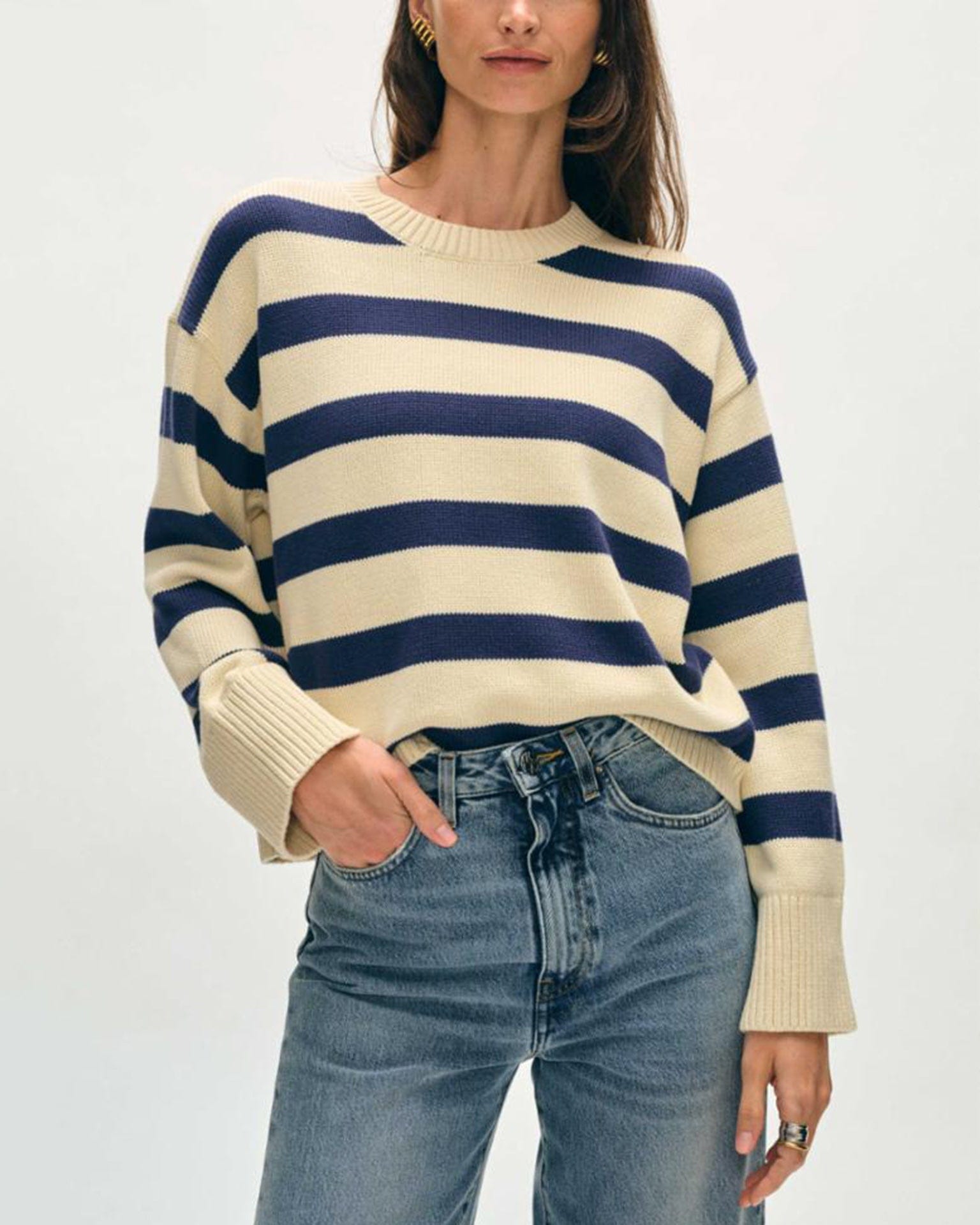 Organic Cotton Easy Crewneck in Ivory/Navy